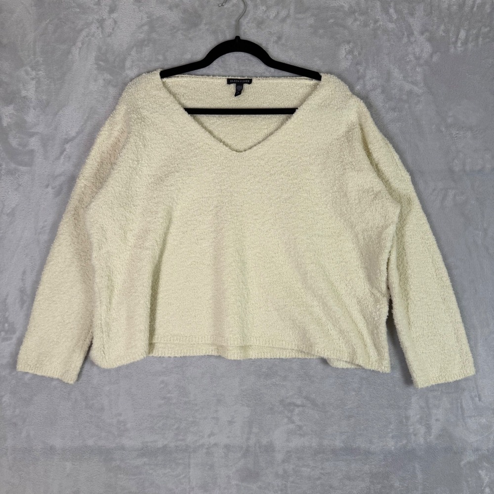 Eileen Fisher V-Neck Sweater Women L Cream Bouclé Knit Boxy Pullover